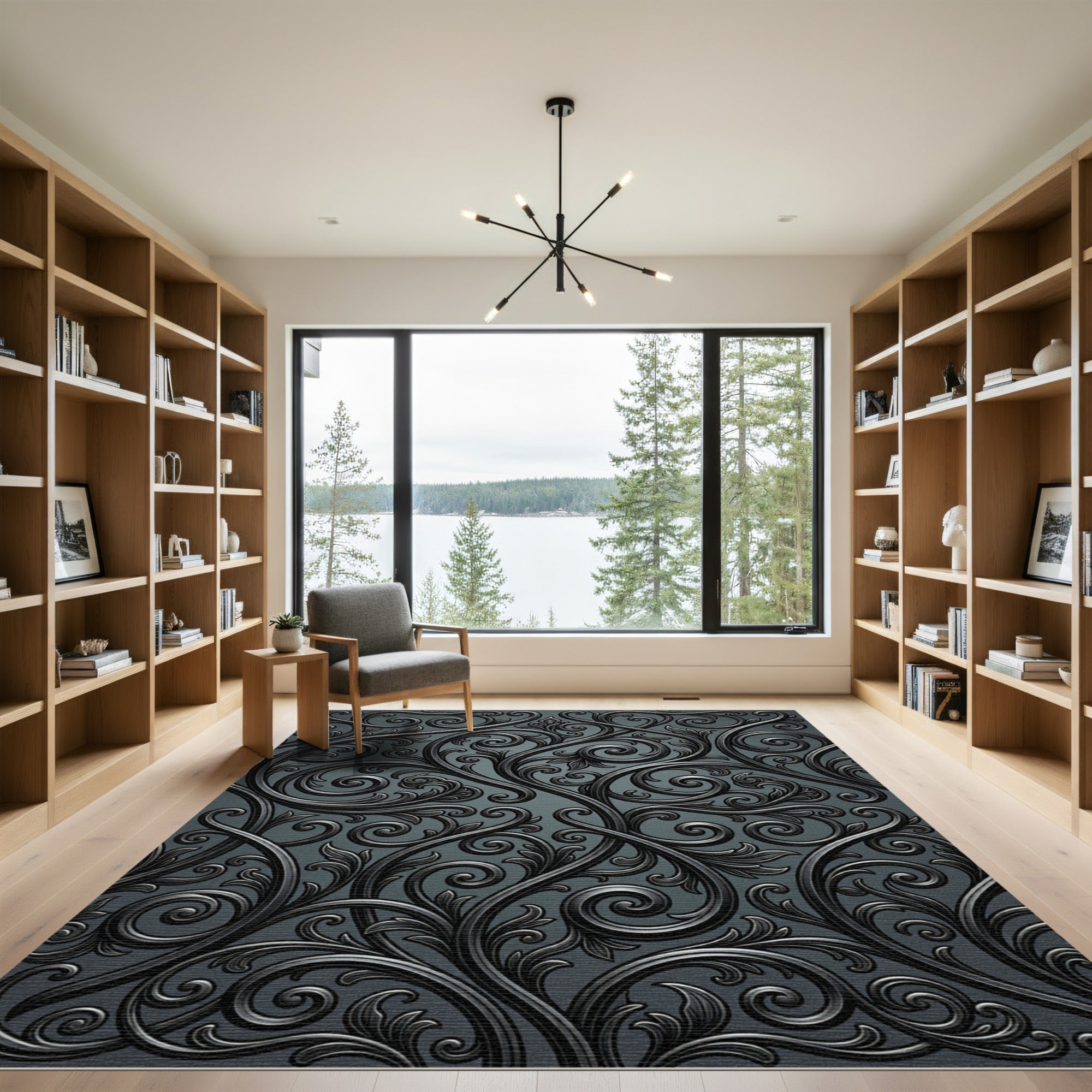 Dark Charcoal Scrollwork Filigree Rug