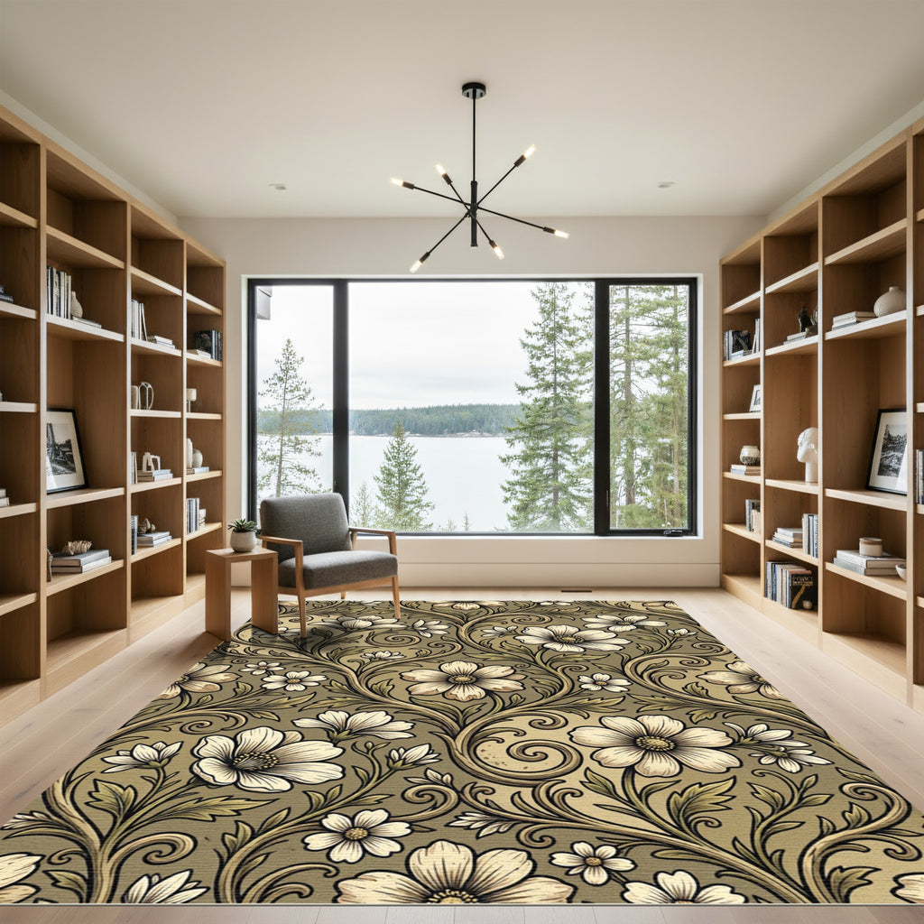 Elegant Botanical Scroll Floral Gold Rug