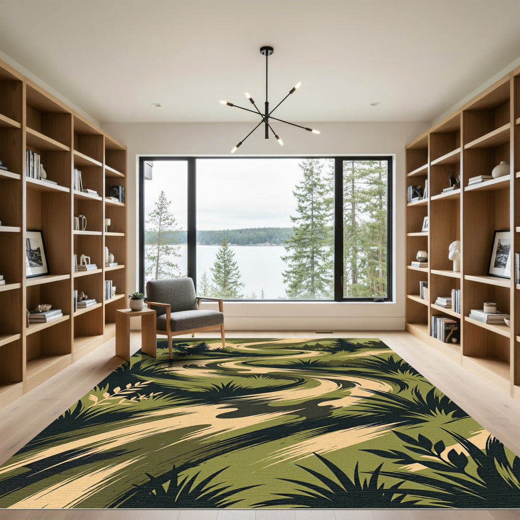 Earthy Green Rolling Landscape Abstract Rug