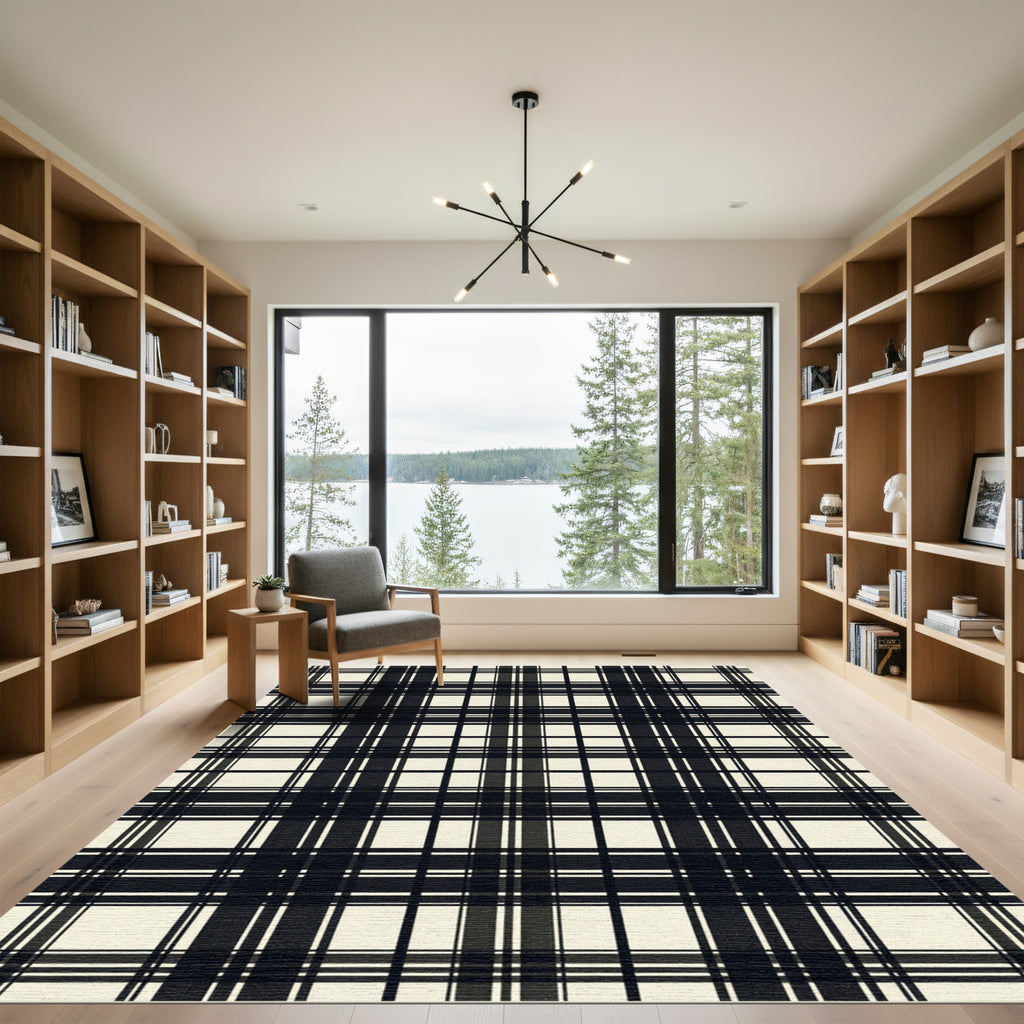 Minimalist Black and Cream Plaid Rug