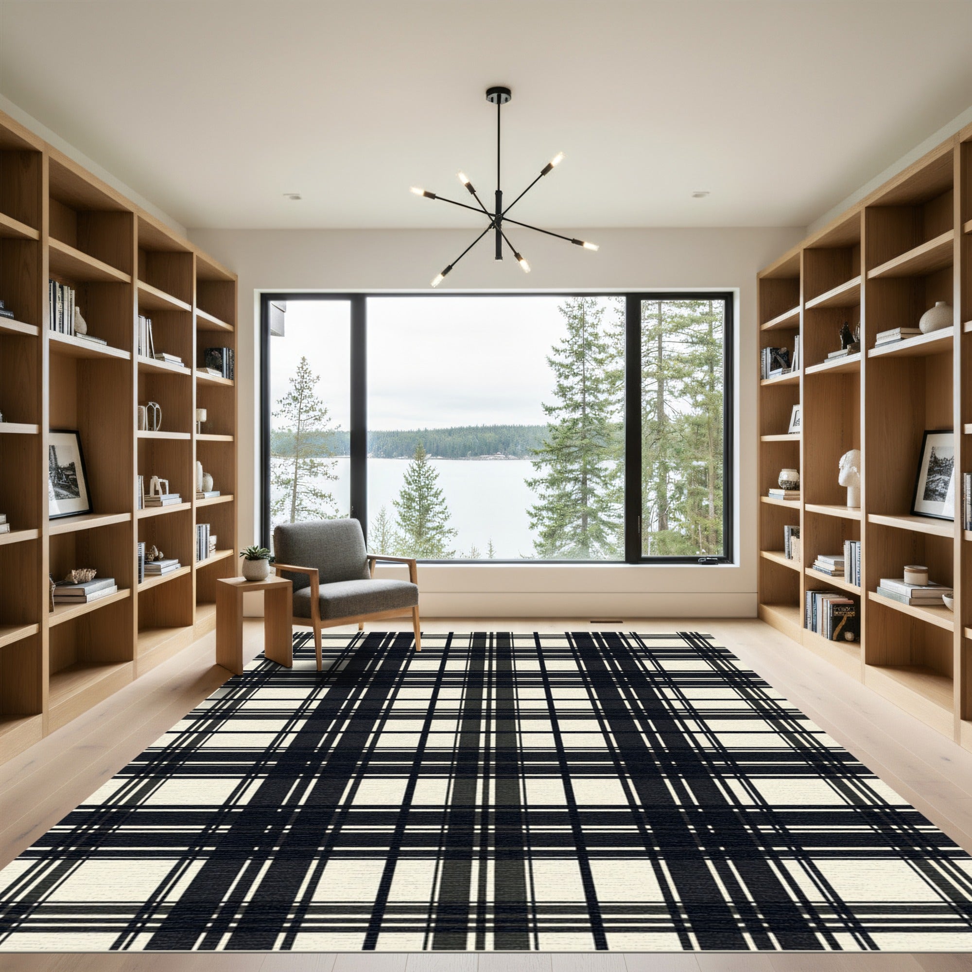 Minimalist Black and Cream Plaid Rug