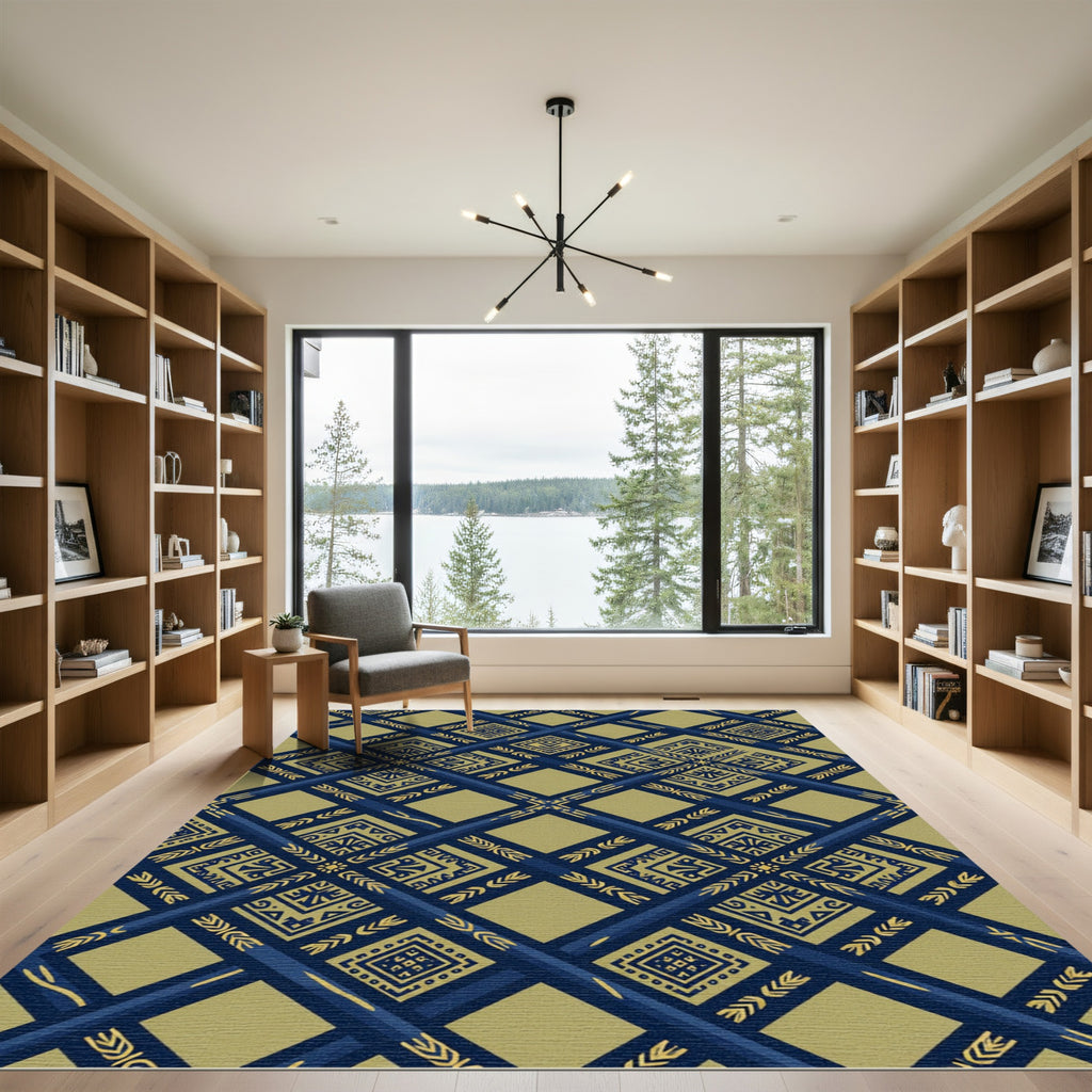 Geometric Navy Blue Gold Interlocking Tile Rug