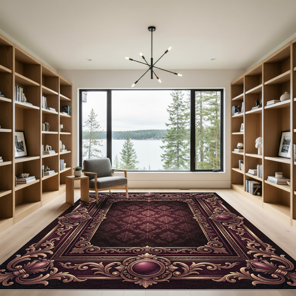 Ornate Burgundy Damask Royal Frame Rug