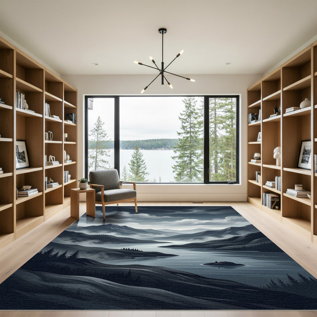 Misty Mountain Lake Twilight Landscape Rug