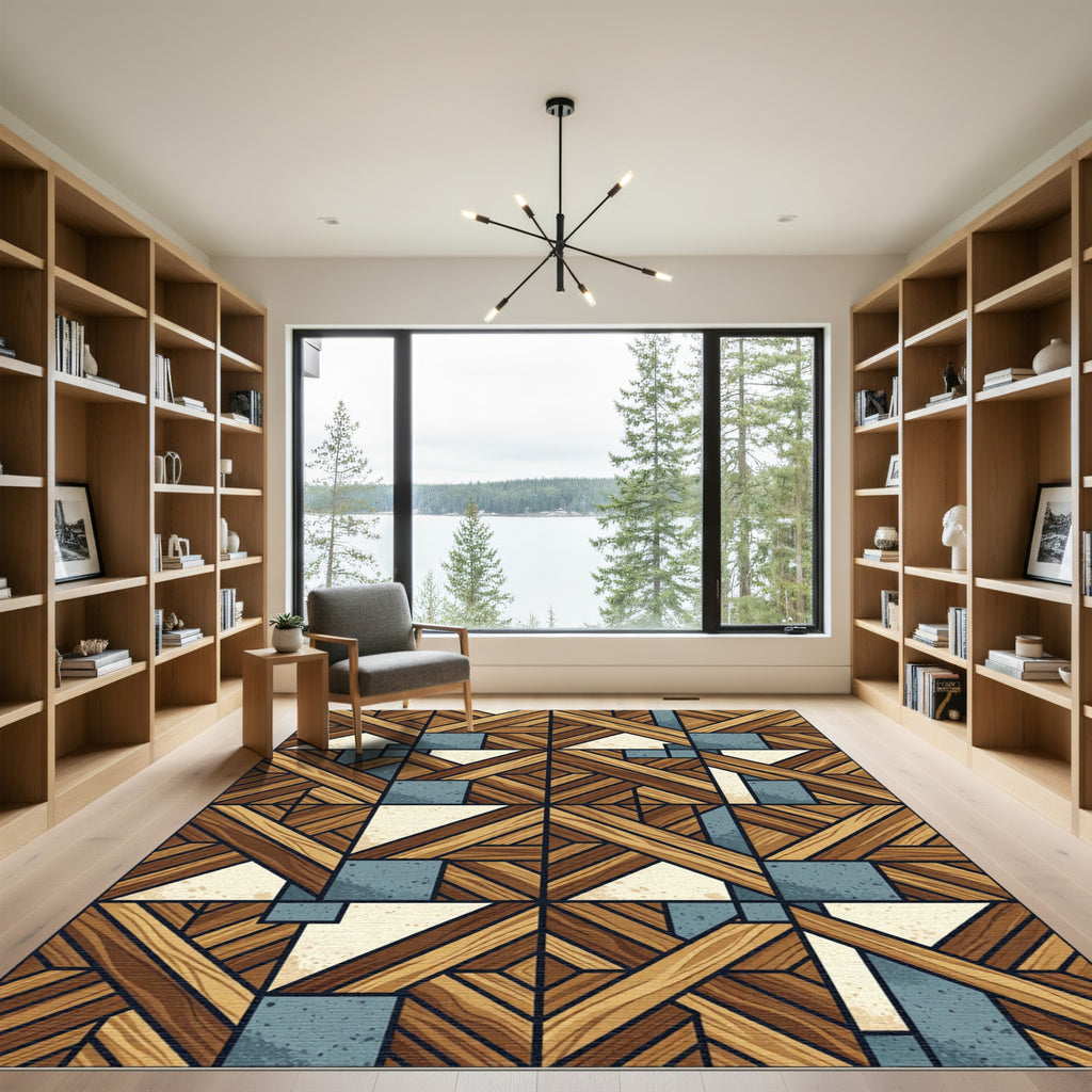 Rustic Wood Grain Geometric Blocks Rug