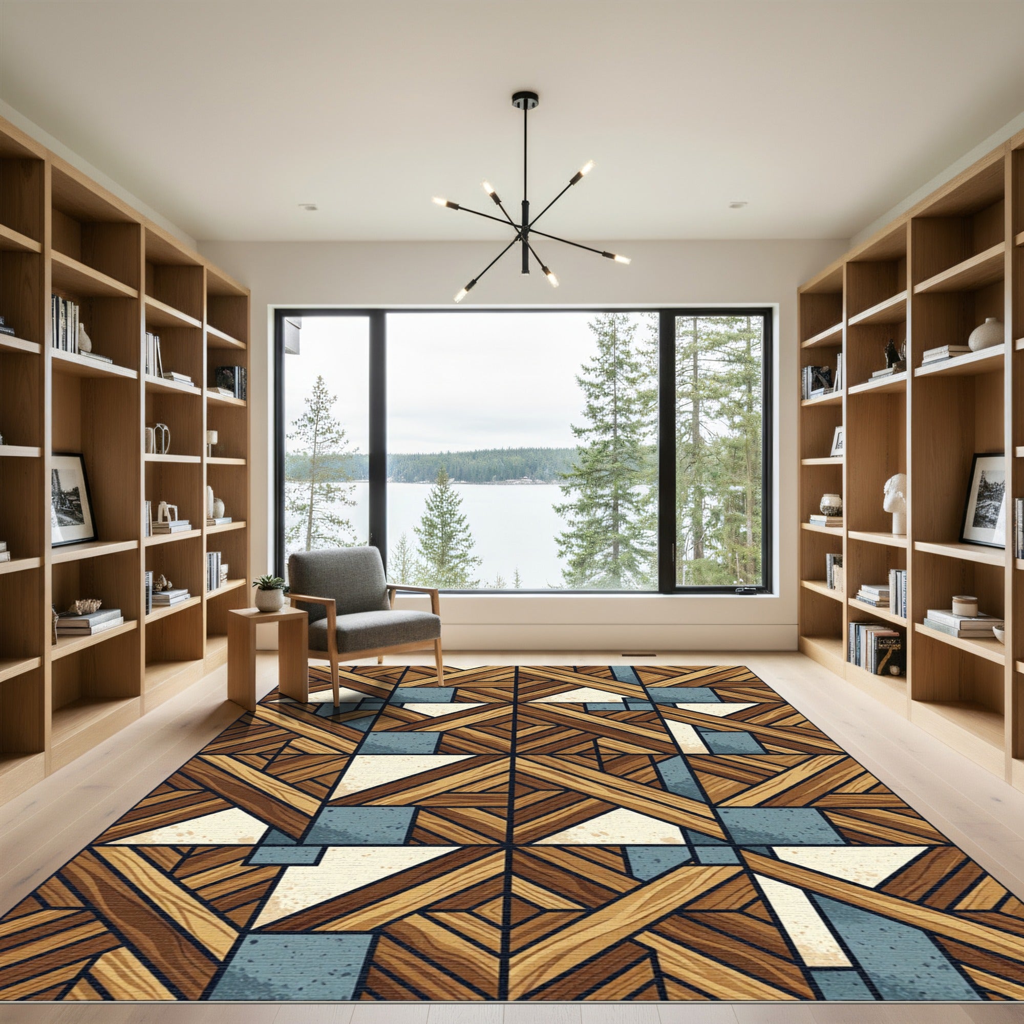 Rustic Wood Grain Geometric Blocks Rug