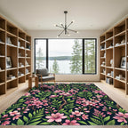 Delicate Pink Blossom Branch Floral Dark Rug
