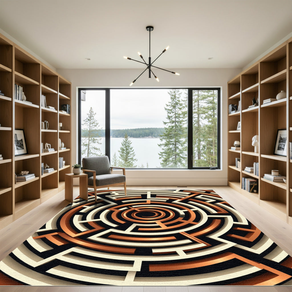 Copper Metallic Geometric Spiral Maze Rug