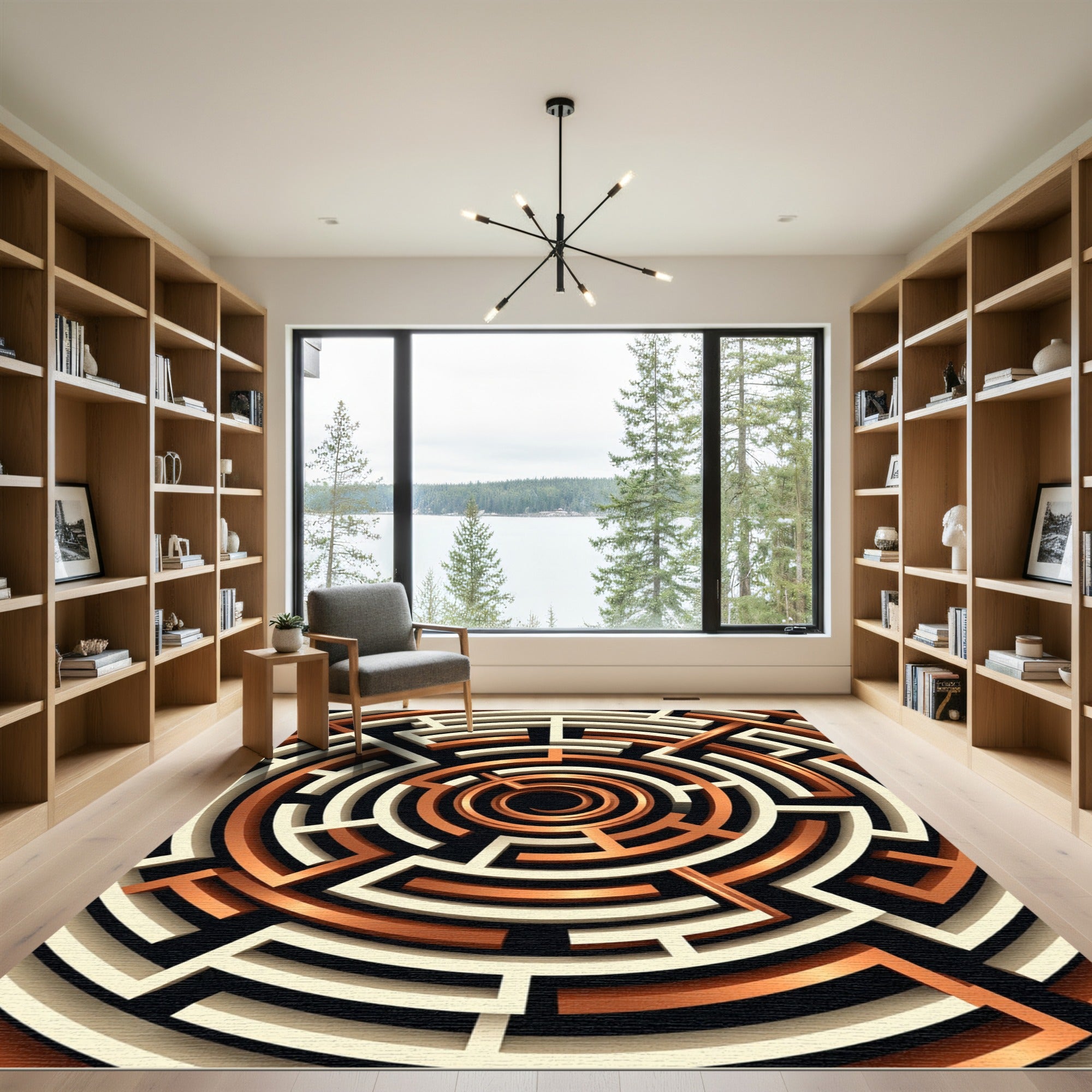 Copper Metallic Geometric Spiral Maze Rug