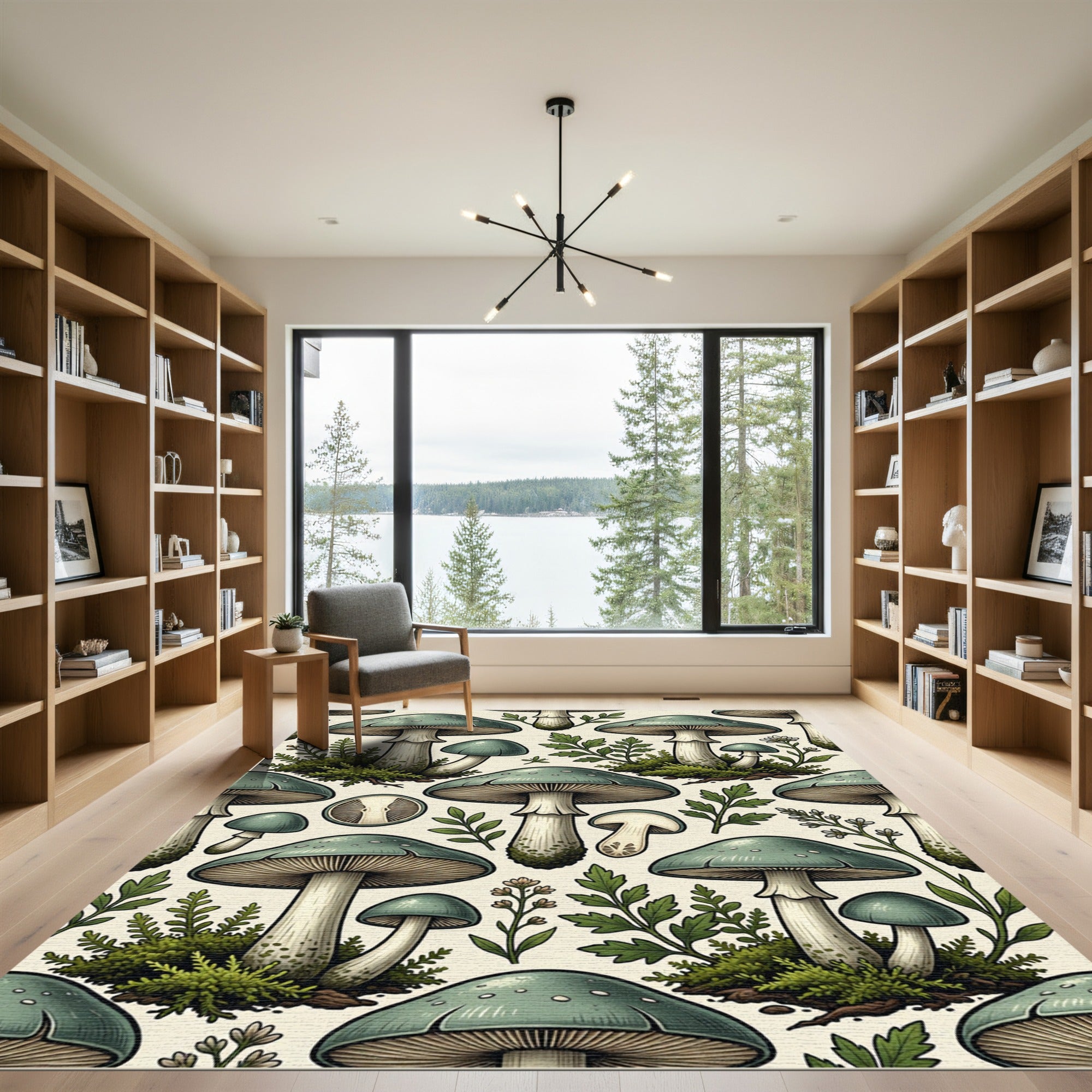 Sage Green Mushroom Forest Floor Illustration Rug