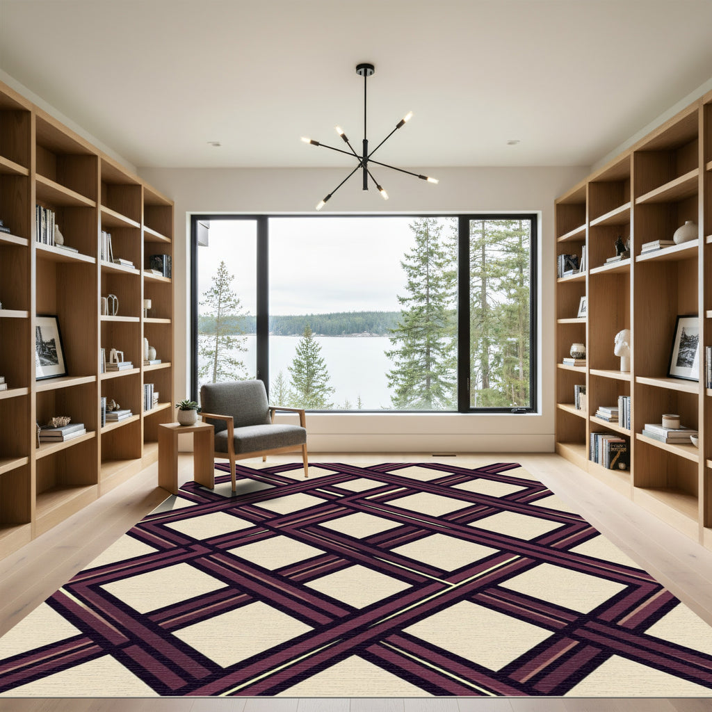 Deep Burgundy Modern Geometric Interlocking Square Rug