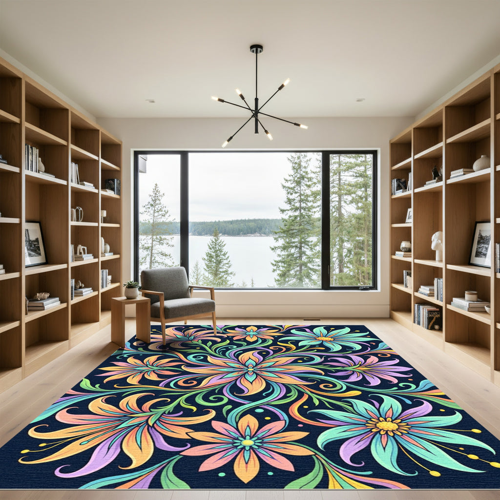 Vibrant Floral Swirl Medallion Art Rug