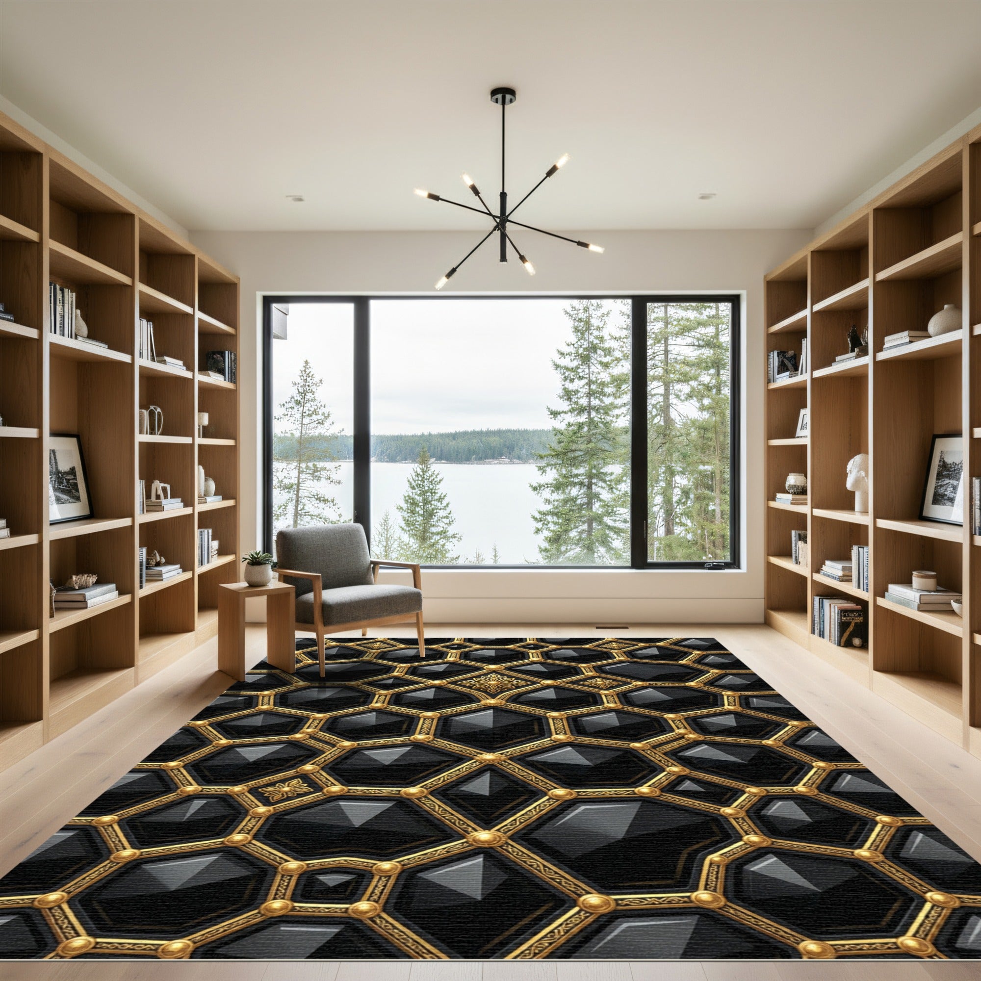 Gilded Black Hexagonal Geometric Jewel Rug