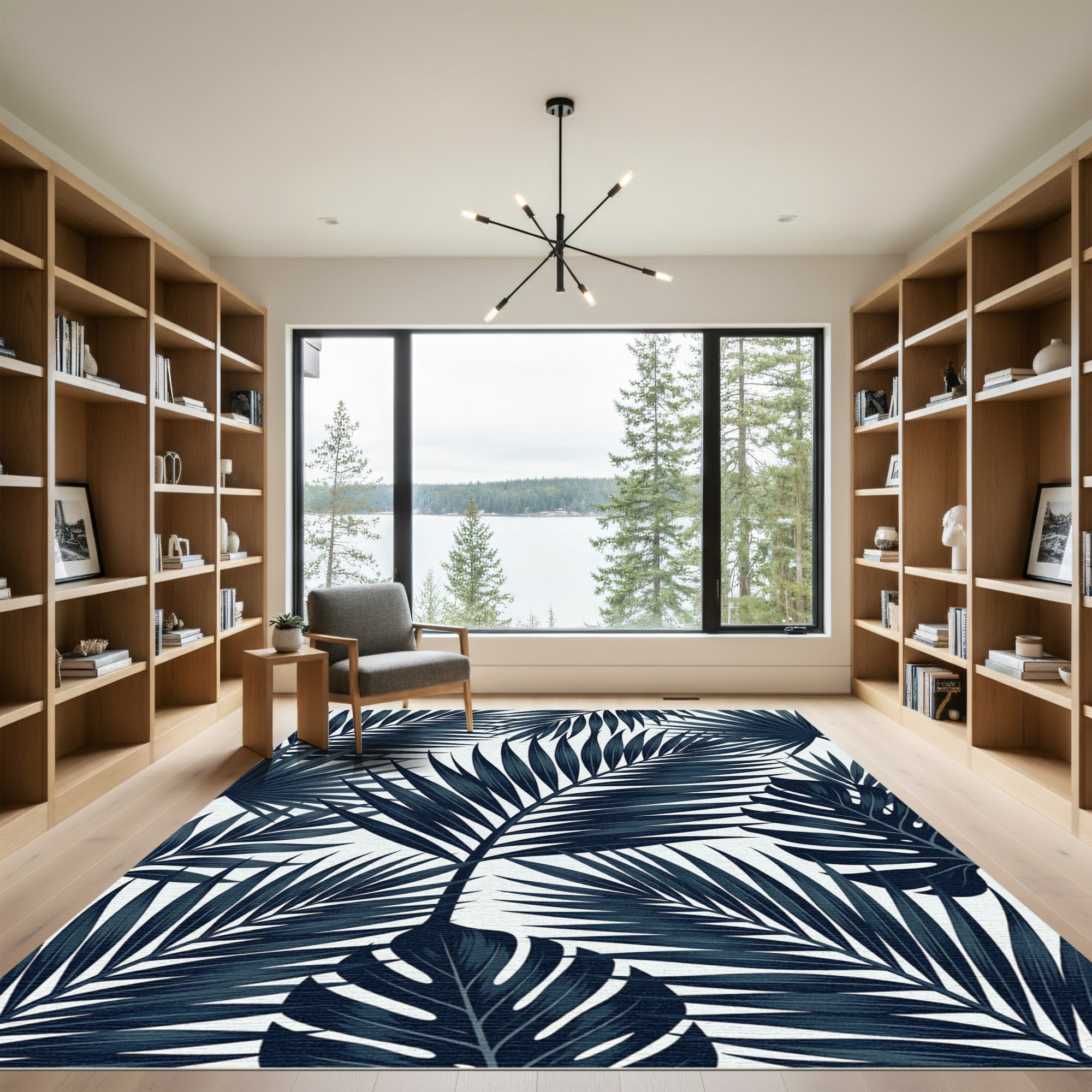 Midnight Blue Tropical Leaf Arrangement Rug