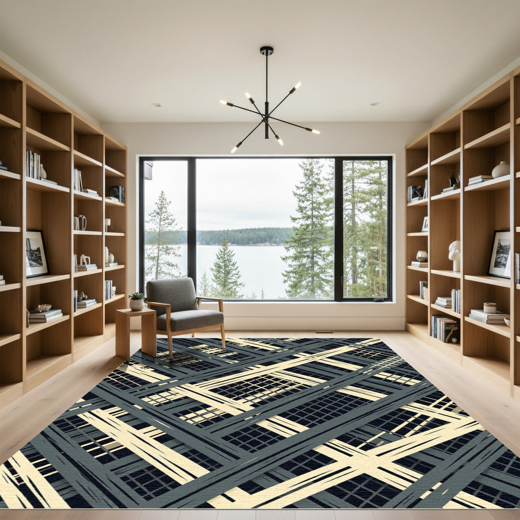Charcoal Cream Crossed Grid Overlay Rug