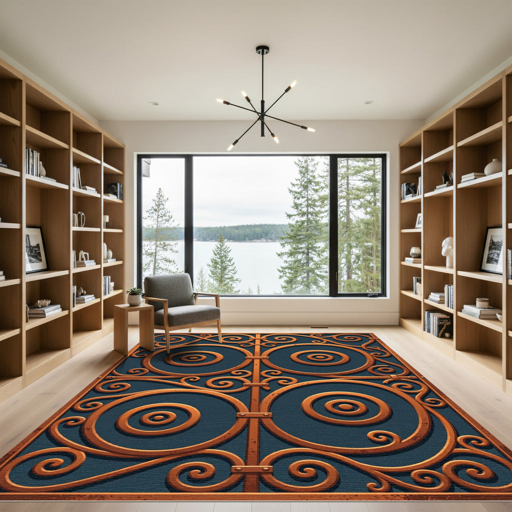 Bronze Ornate Scrollwork Cobalt Circles Rug