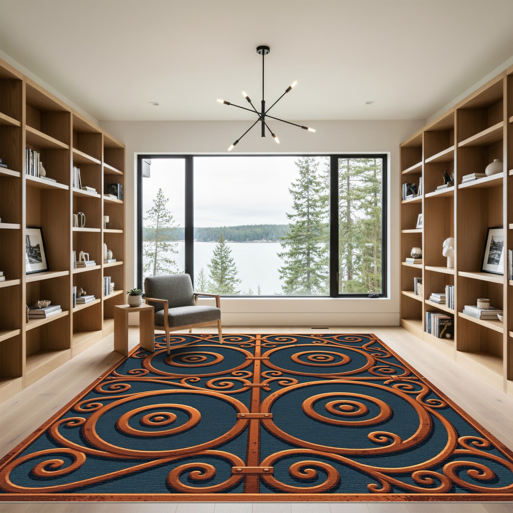 Bronze Ornate Scrollwork Cobalt Circles Rug