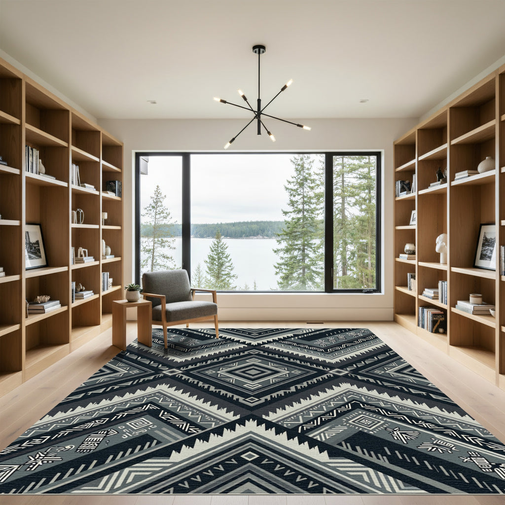 Monochromatic Charcoal Tribal Geometric Diamond Rug