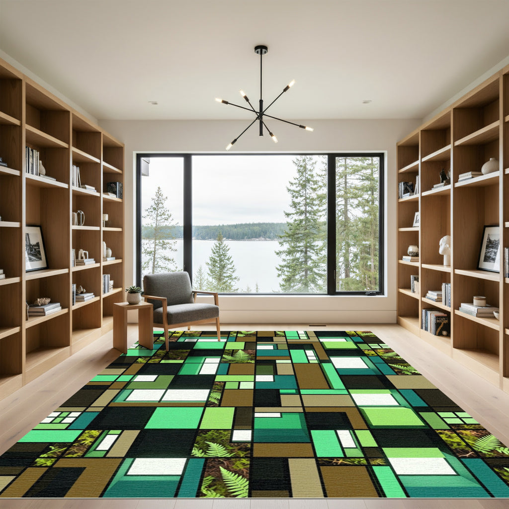 Geometric Fern Leaf Cubist Forest Grid Rug