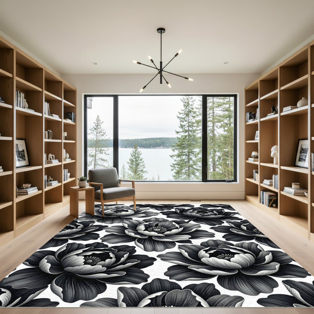 Dark Monochrome Floral Petal Repeat Rug
