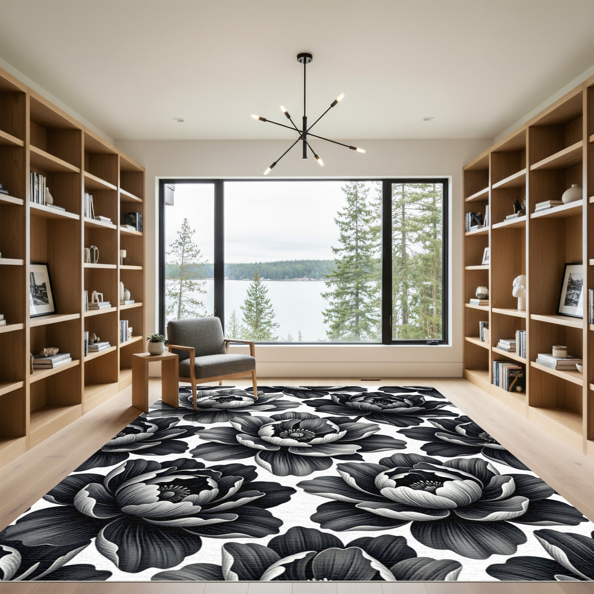 Dark Monochrome Floral Petal Repeat Rug