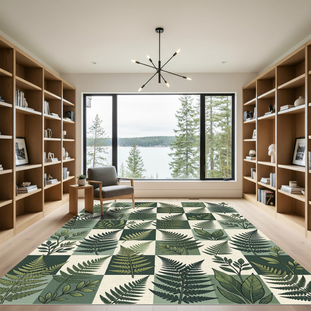 Lush Green Botanical Fern Checkerboard Rug