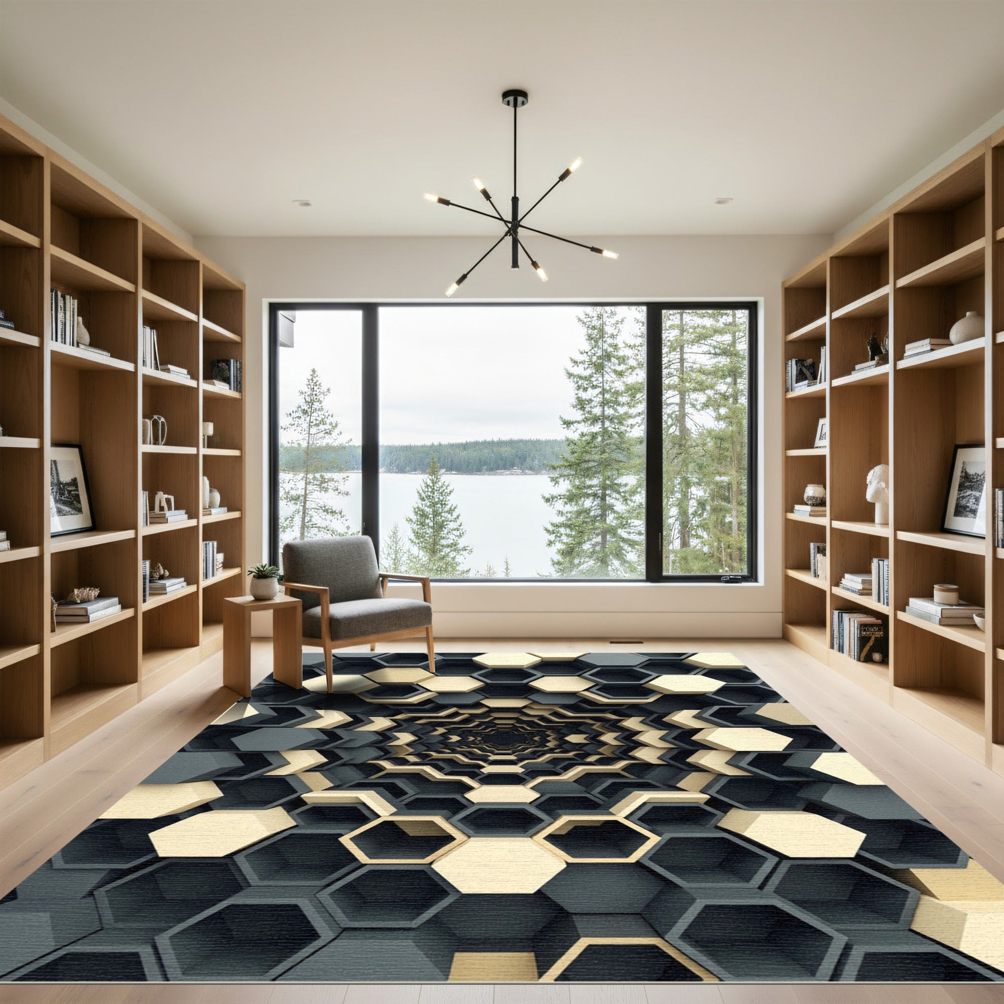 Modern Cream and Charcoal Hexagon Tunnel Rug