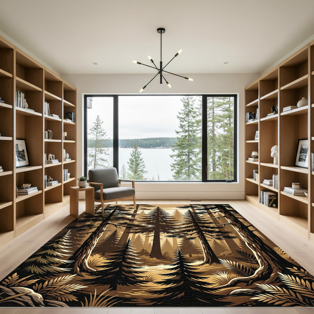 Sepia Woodland Forest Pine Silhouettes Rug