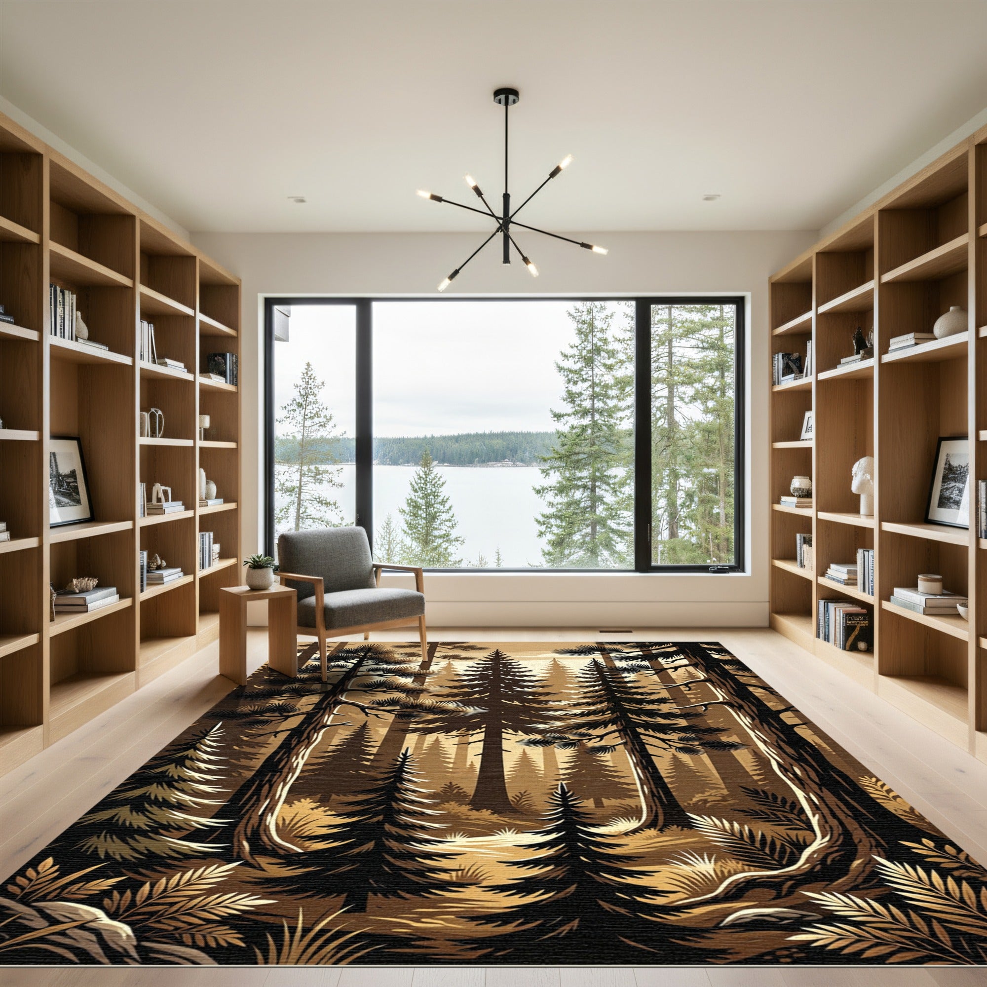 Sepia Woodland Forest Pine Silhouettes Rug