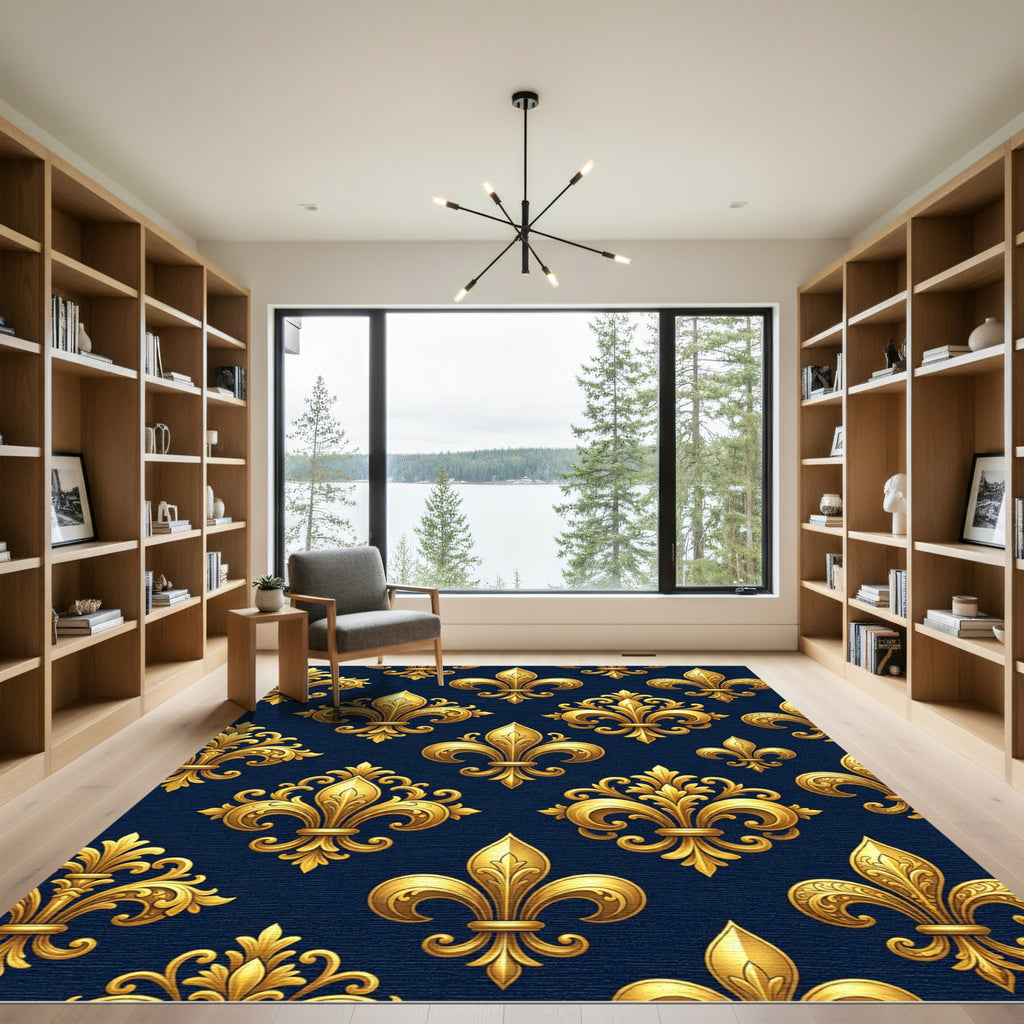 Golden Fleur de Lis Navy Wallpaper Rug