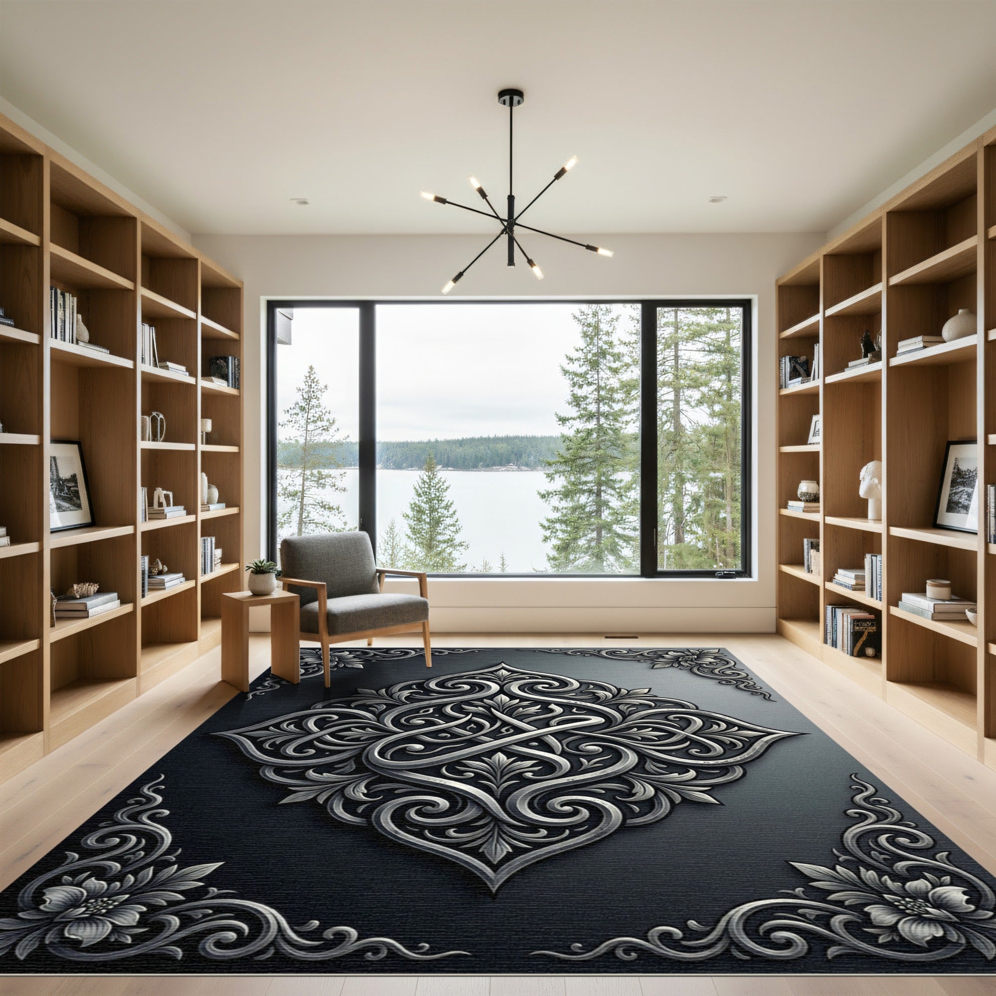 Ornate Silver Floral Arabesque Rug