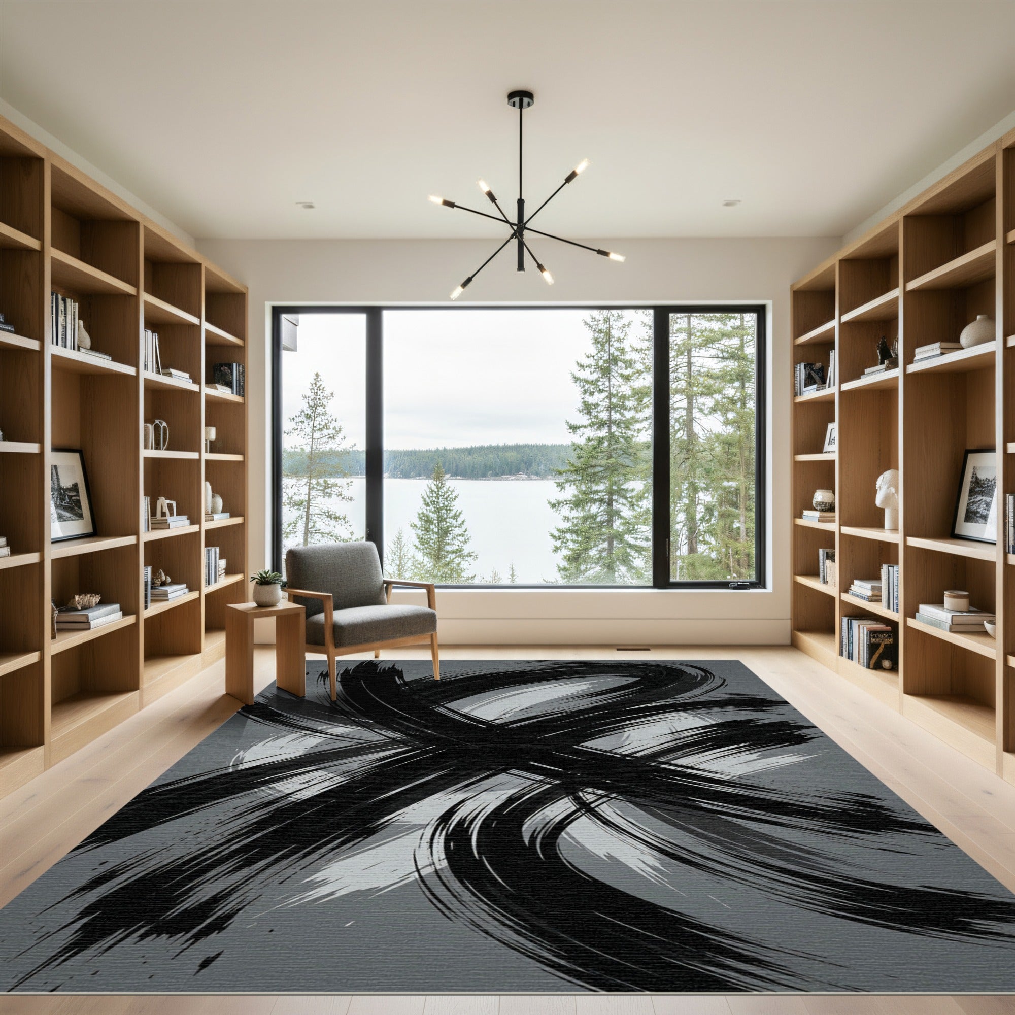 Modern Monochrome Abstract Brush Stroke Art Rug