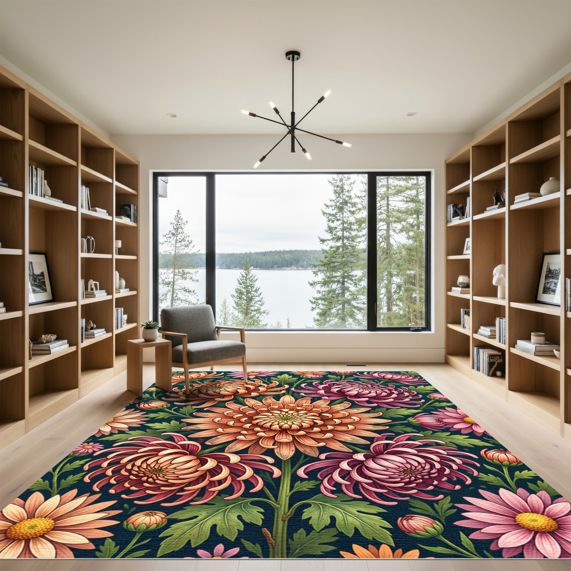Vibrant Autumnal Chrysanthemum Floral Botanical Rug