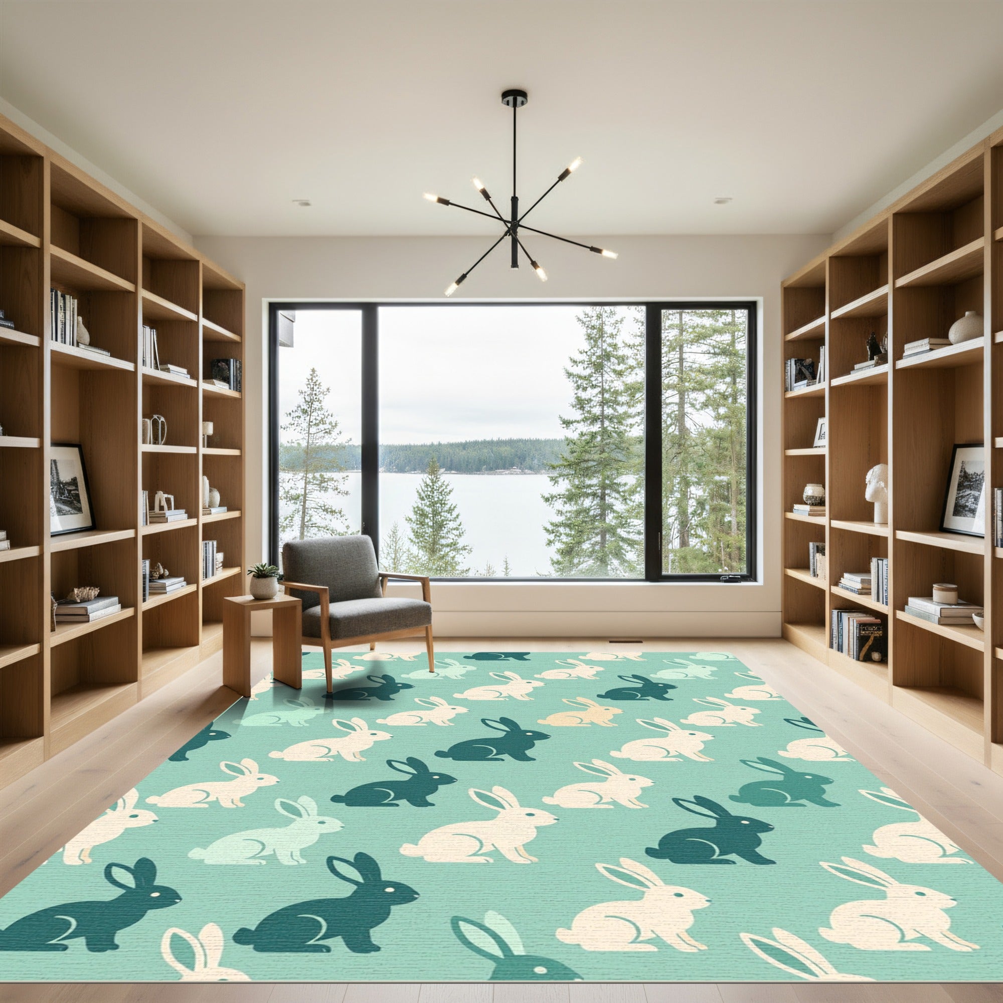 Charming Mint Green Bunny Rabbit Illustration Rug