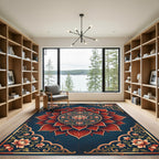 Ornate Deep Blue Red Lotus Medallion Rug