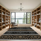Intricate Gold Black Starburst Medallion Runner Rug