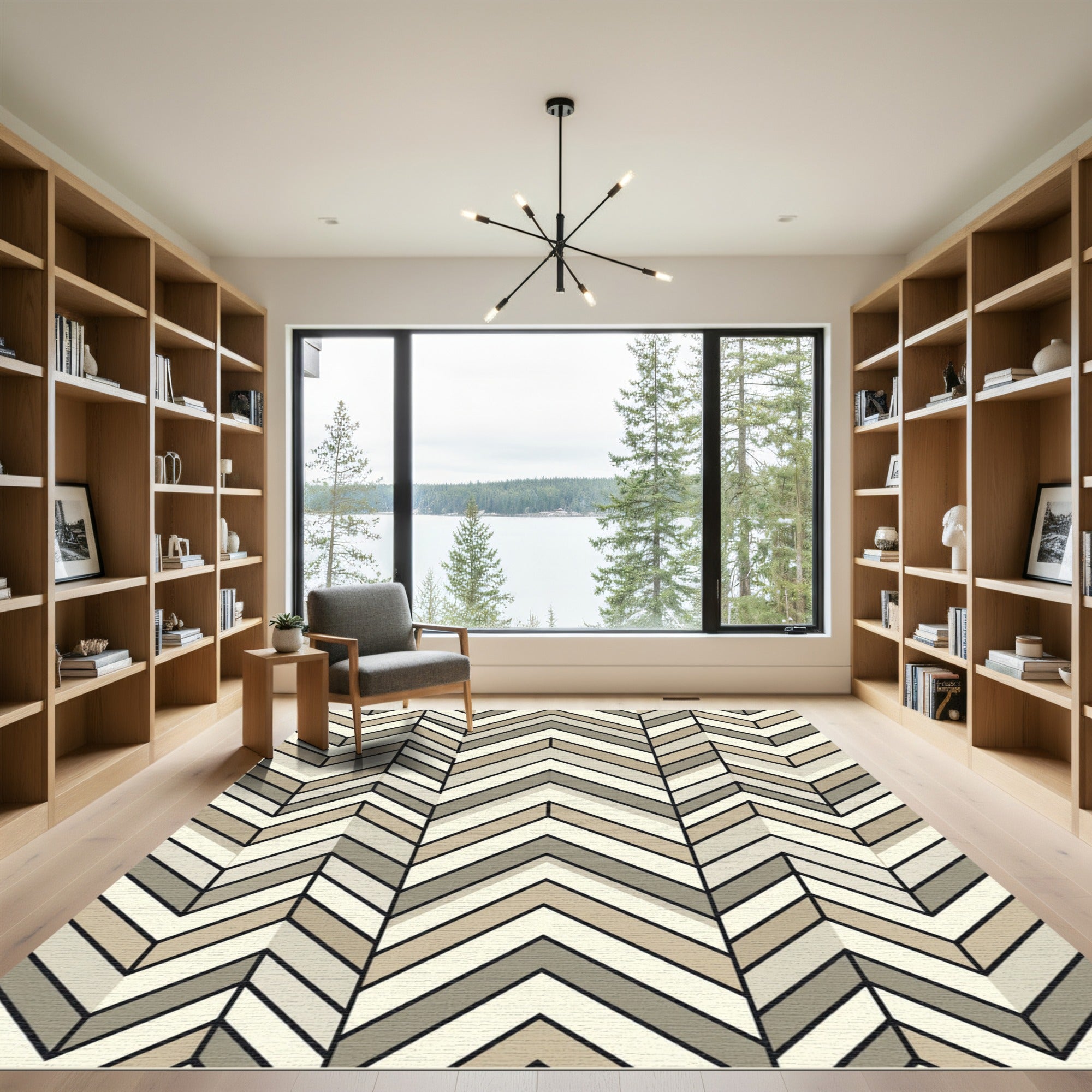 Modern Neutral Chevron Geometric Wood Tone Rug