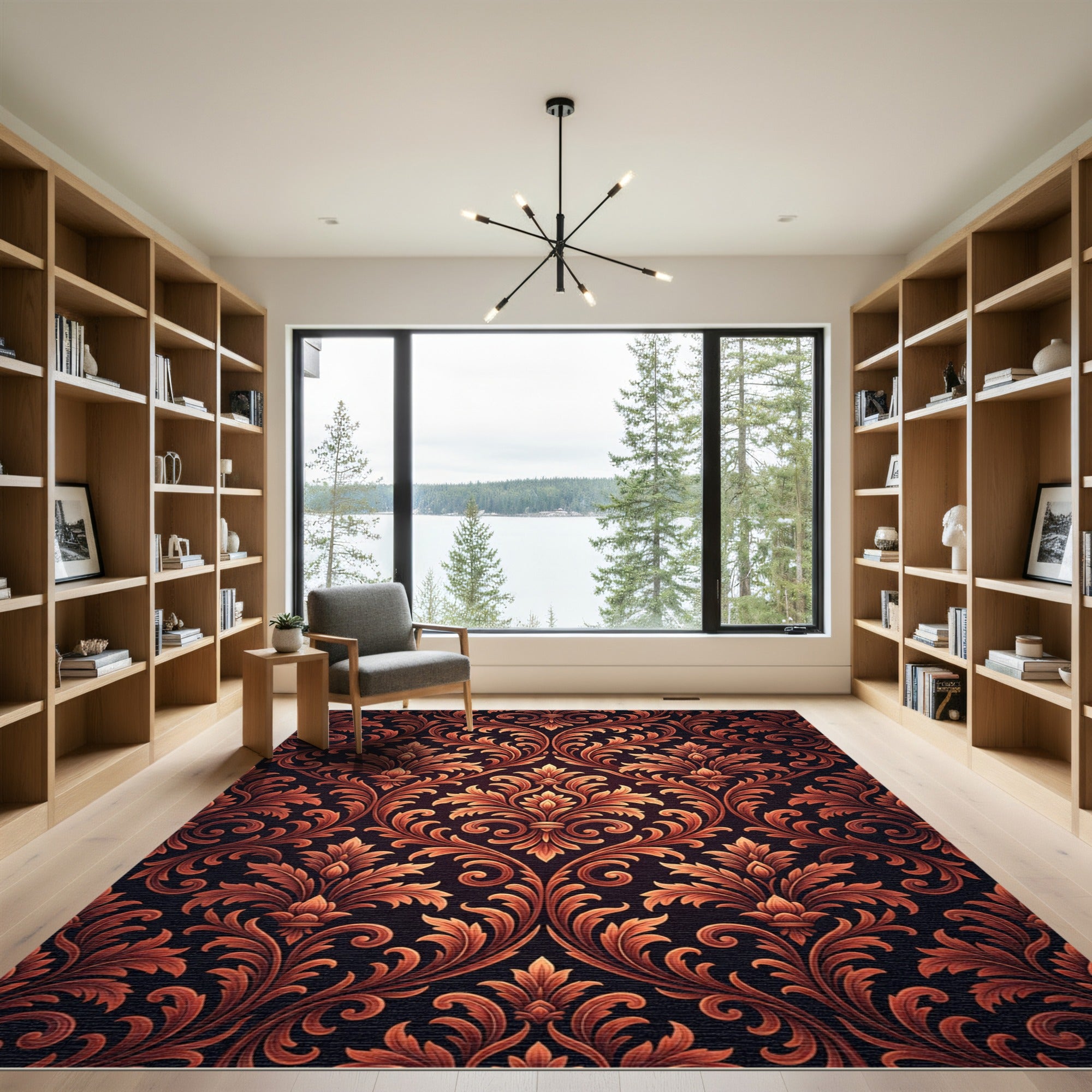 Ornate Burnt Orange Damask Scroll Rug
