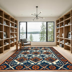 Orange Floral Navy Geometric Diamond Tile Rug