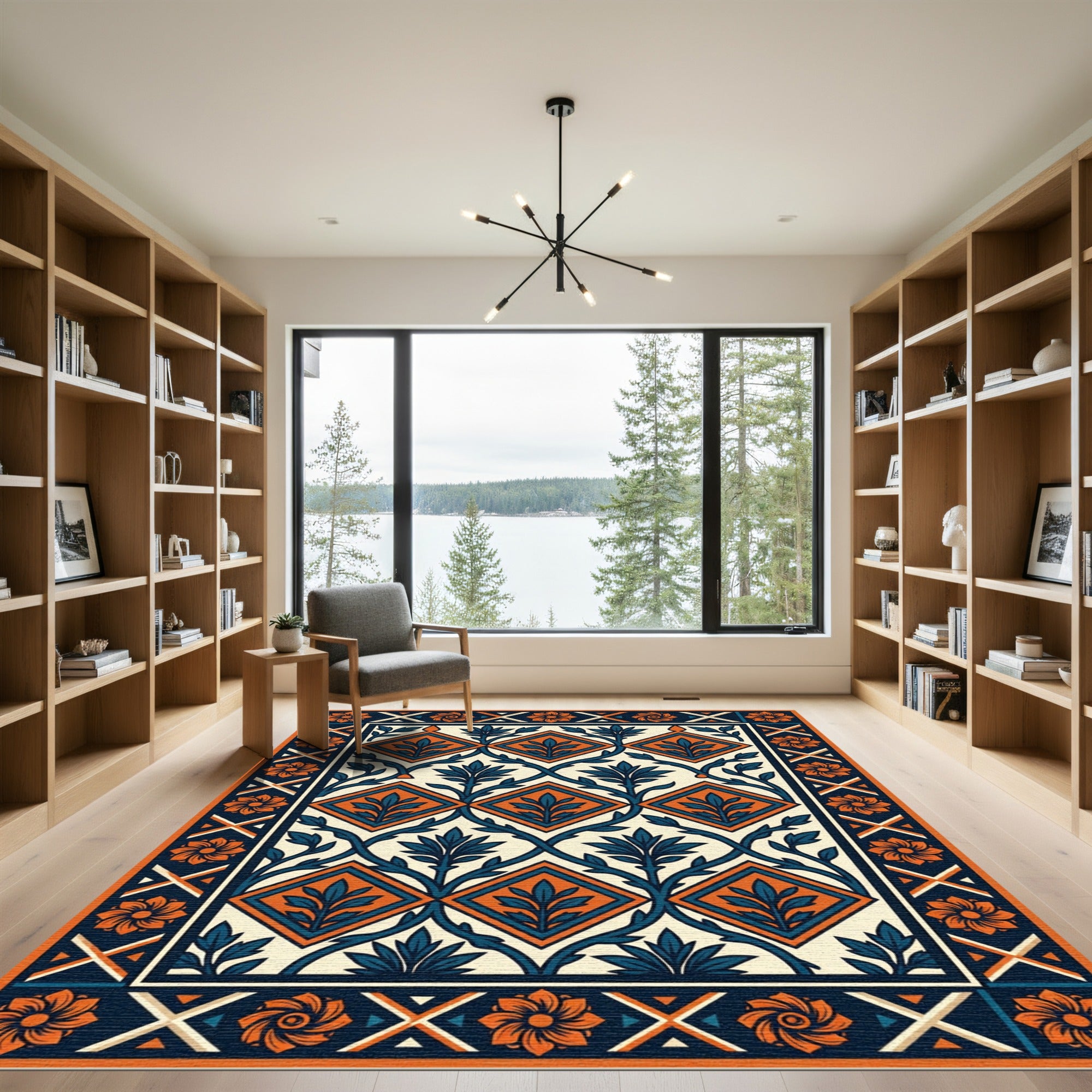 Orange Floral Navy Geometric Diamond Tile Rug