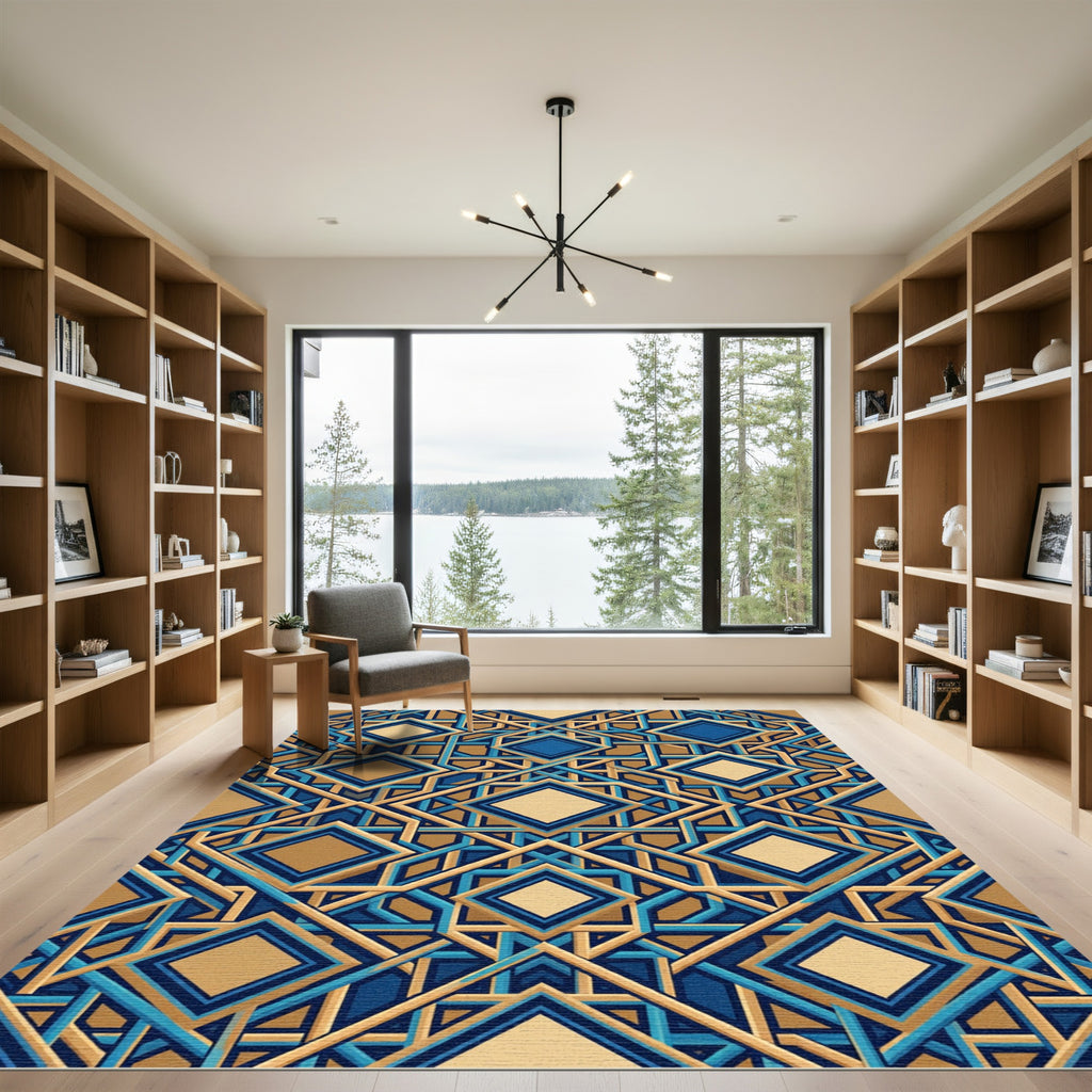 Geometric Navy and Gold Interlocking Square Rug