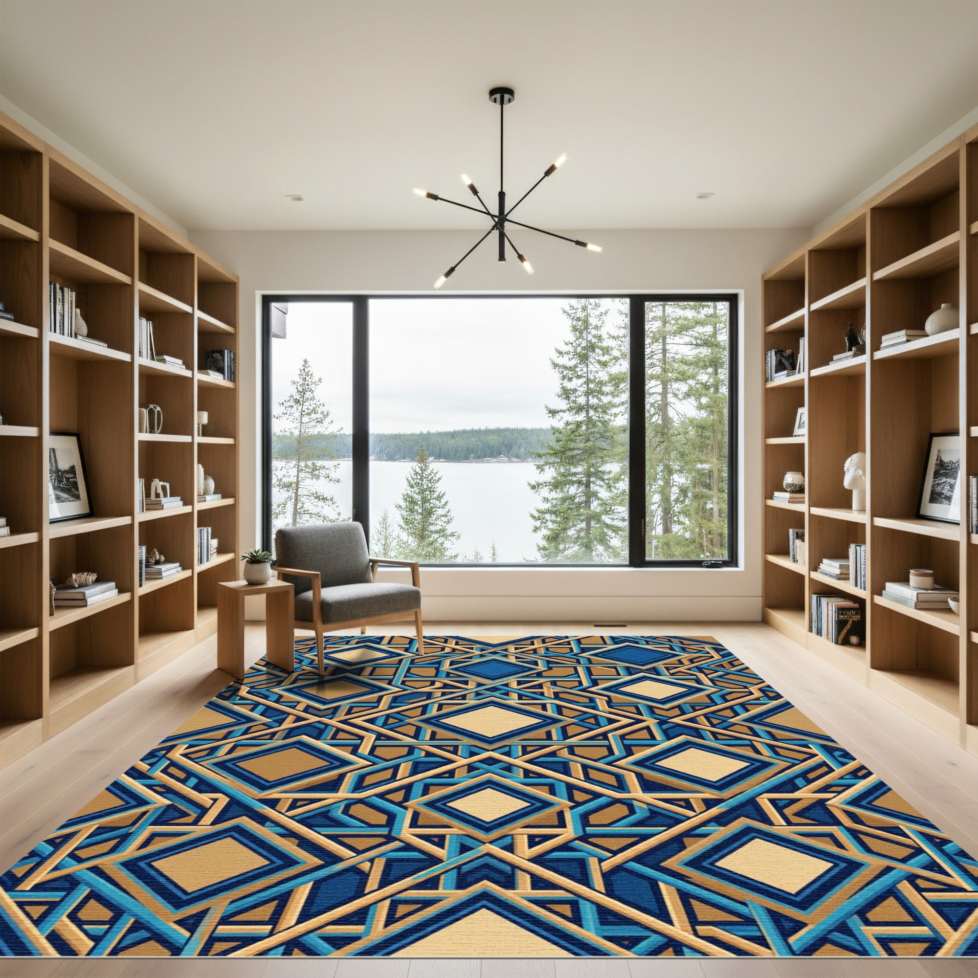 Geometric Navy and Gold Interlocking Square Rug