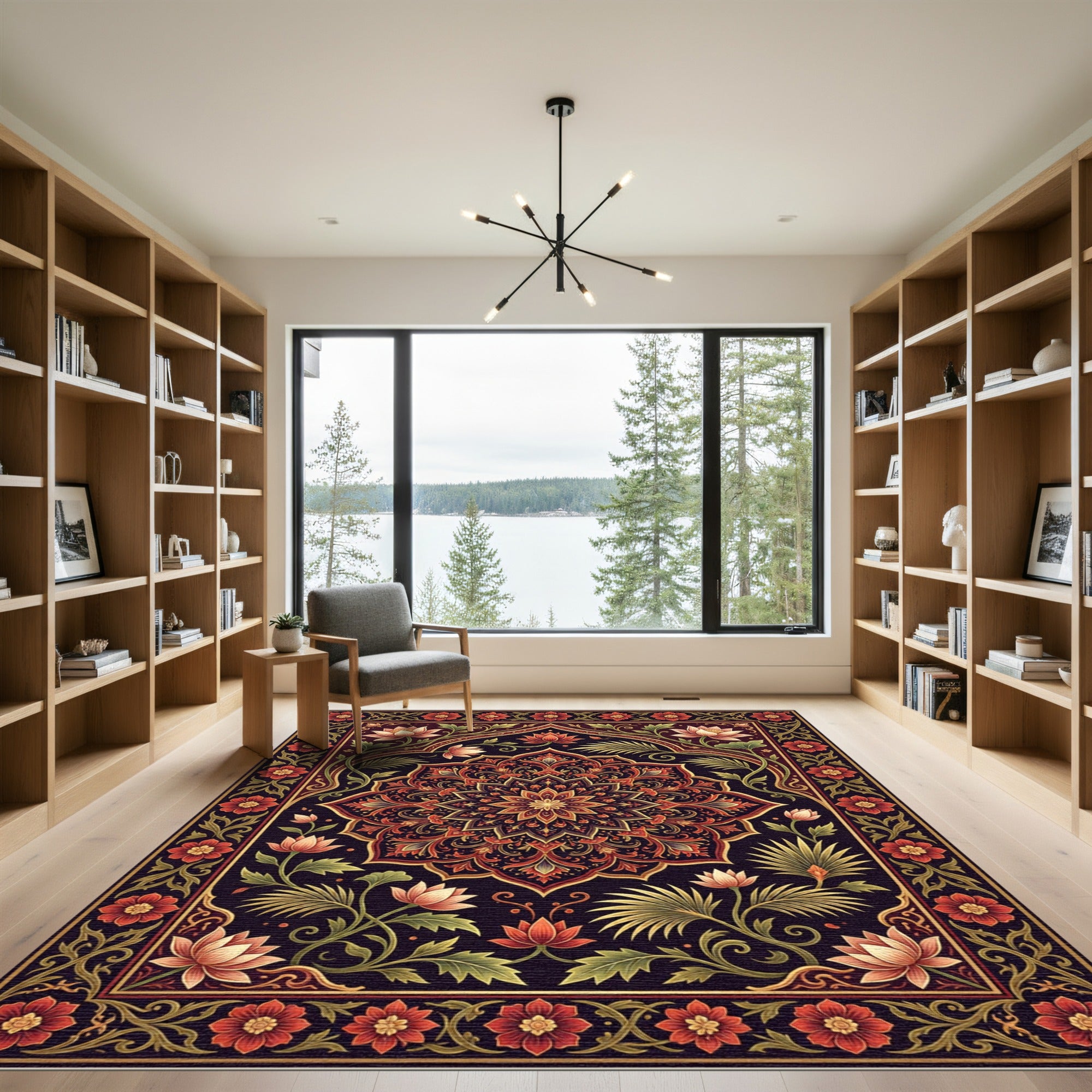 Ornate Crimson Lotus Mandala Frame Rug
