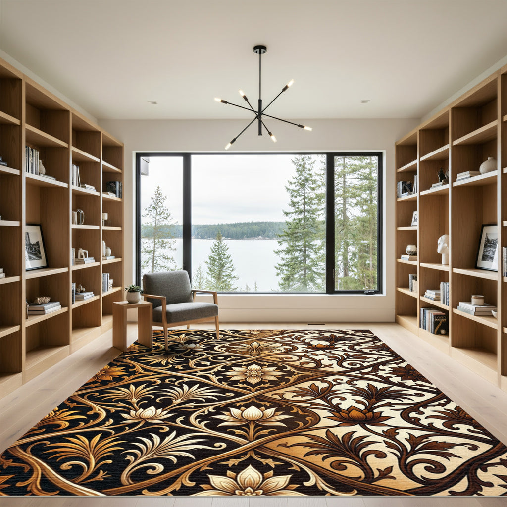 Opulent Gold Cream Floral Damask Rug