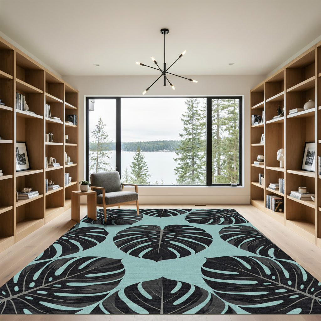 Dark Tropical Monstera Leaf Sage Teal Rug