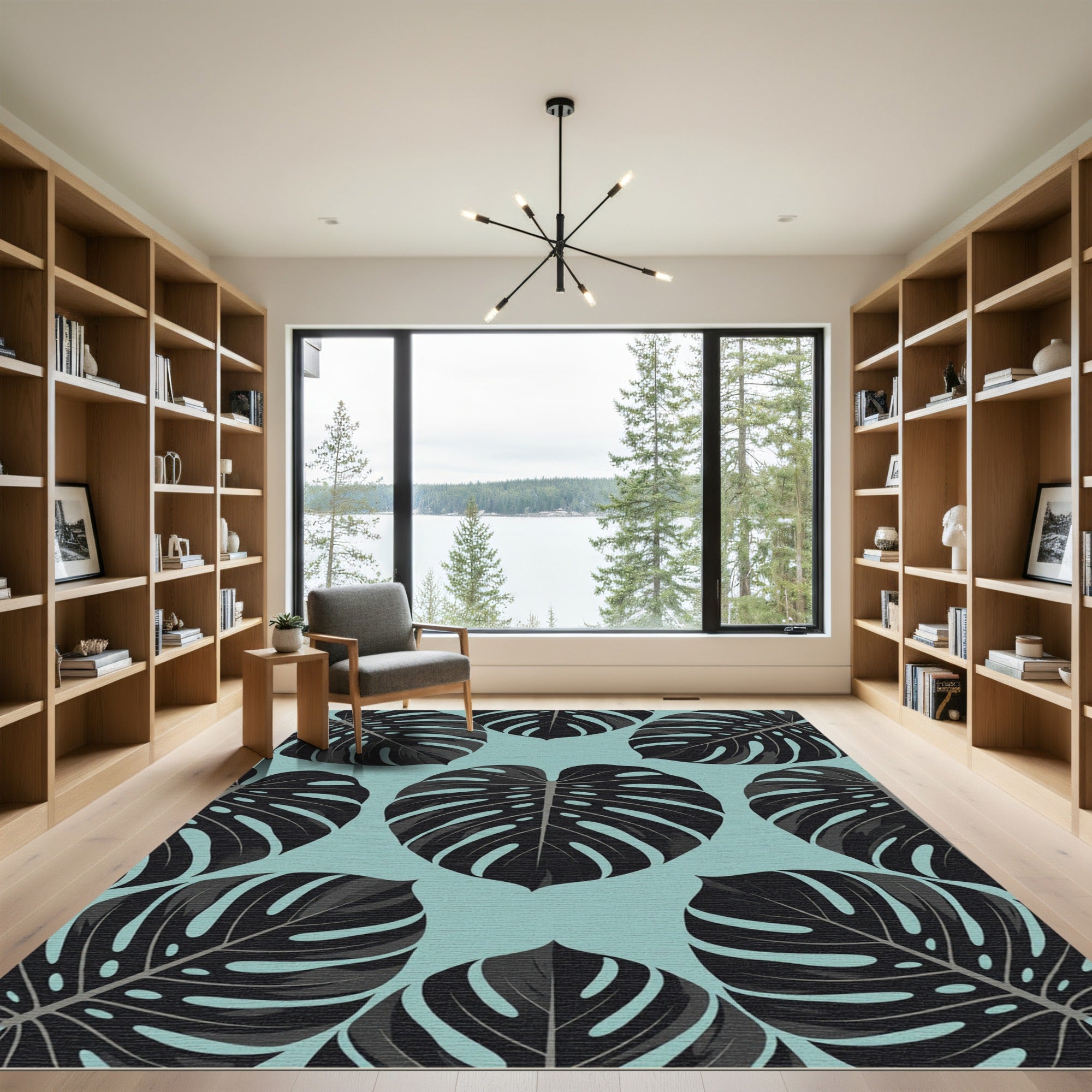 Dark Tropical Monstera Leaf Sage Teal Rug