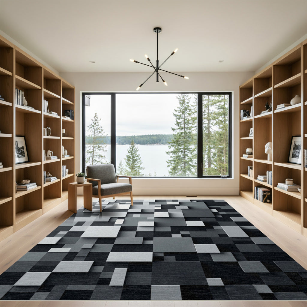 Modern Monochrome Dimensional Block Grid Rug