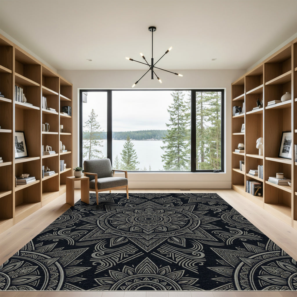 Ornate Black Silver Mandala Starburst Rug