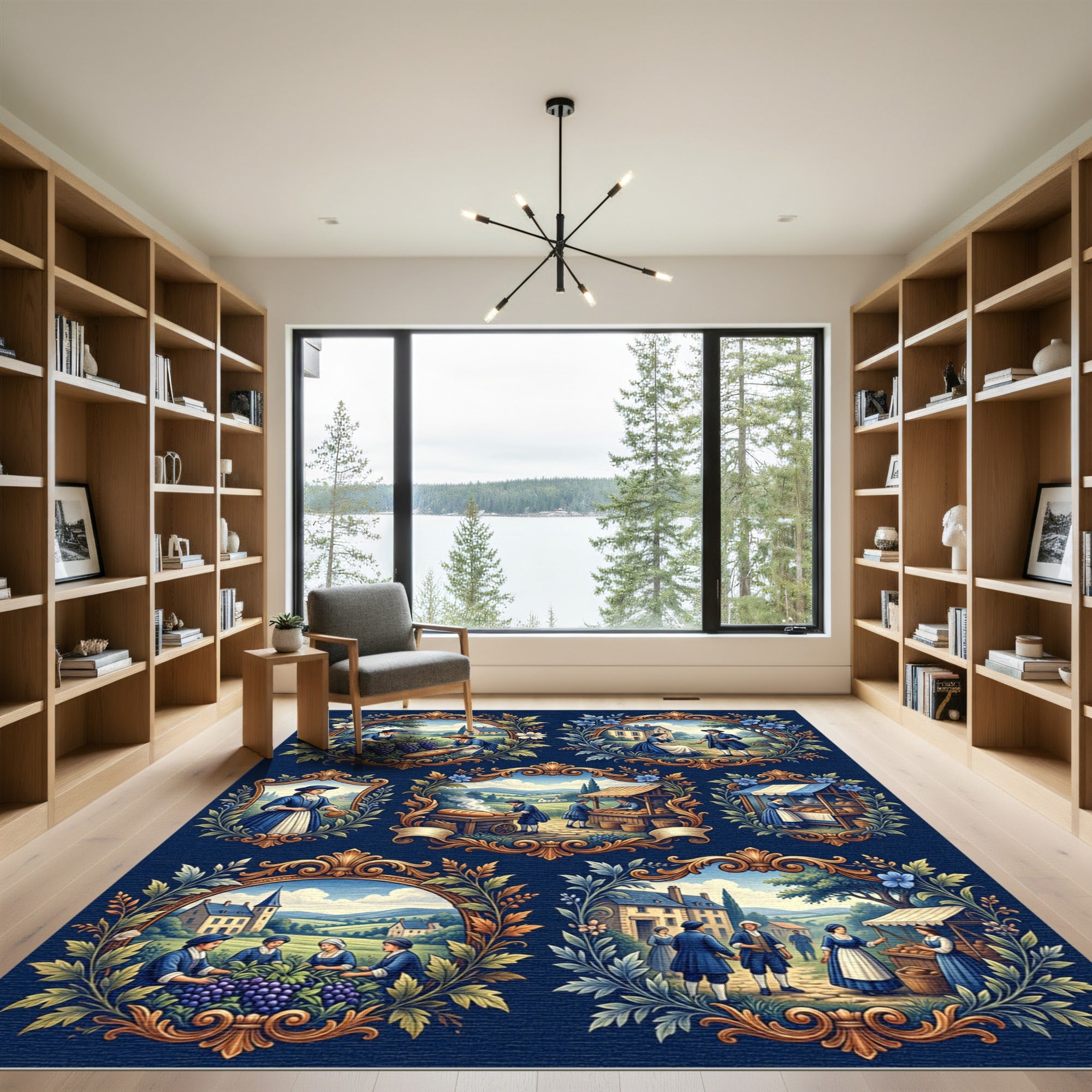 Colonial Blue European Rural Scenes Rug