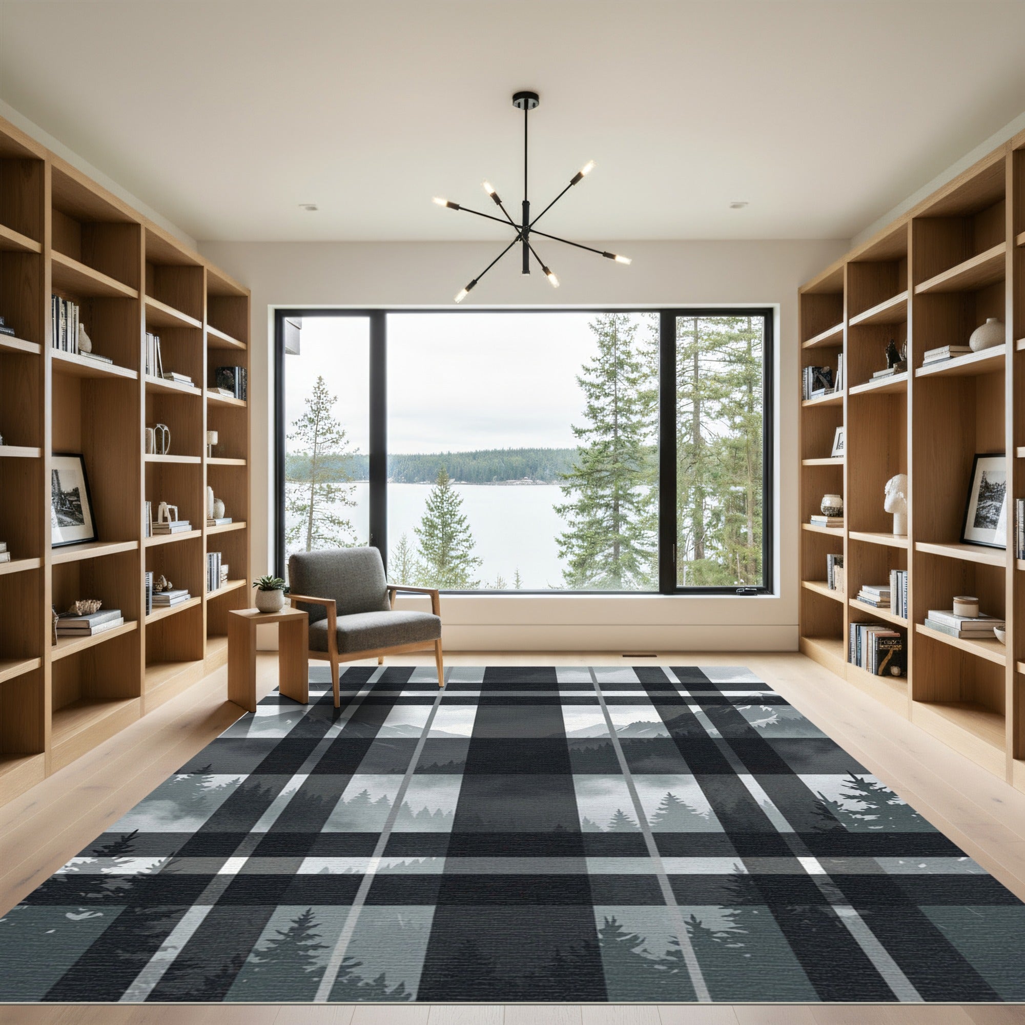 Monochrome Plaid Mountain Forest Landscape Rug
